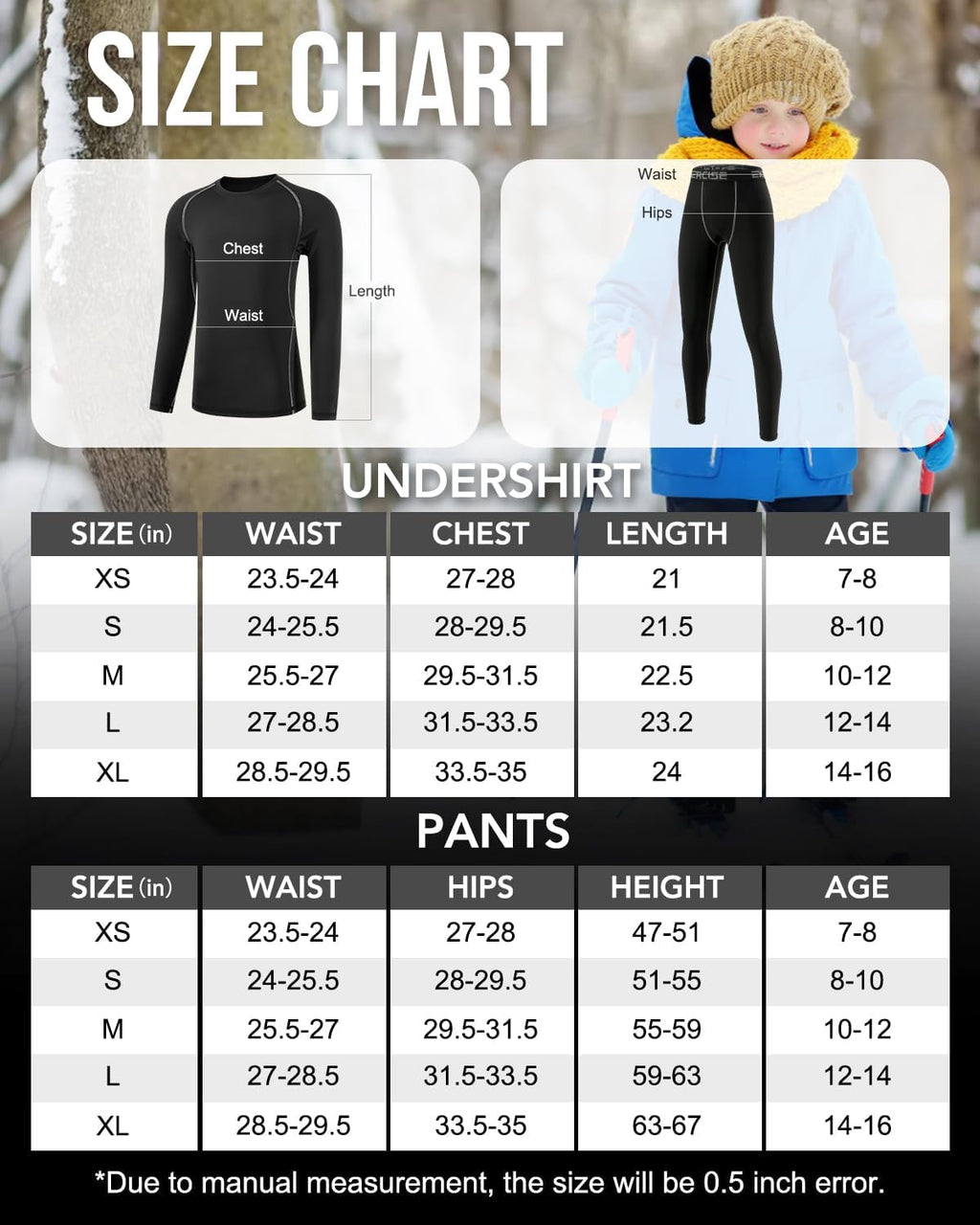 Youth Boys Thermal Underwear Set Compression Fleece Lined Leggings with Athletic Shirts Base Layer